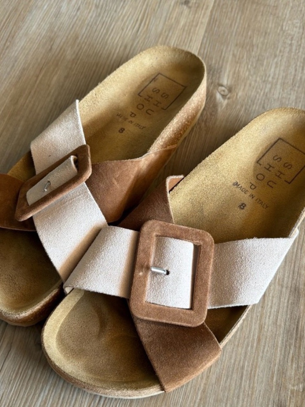 ShuShop Two-Tone Suede Buckle Slide Sandals - Beige & Brown - Picture 2 of 2